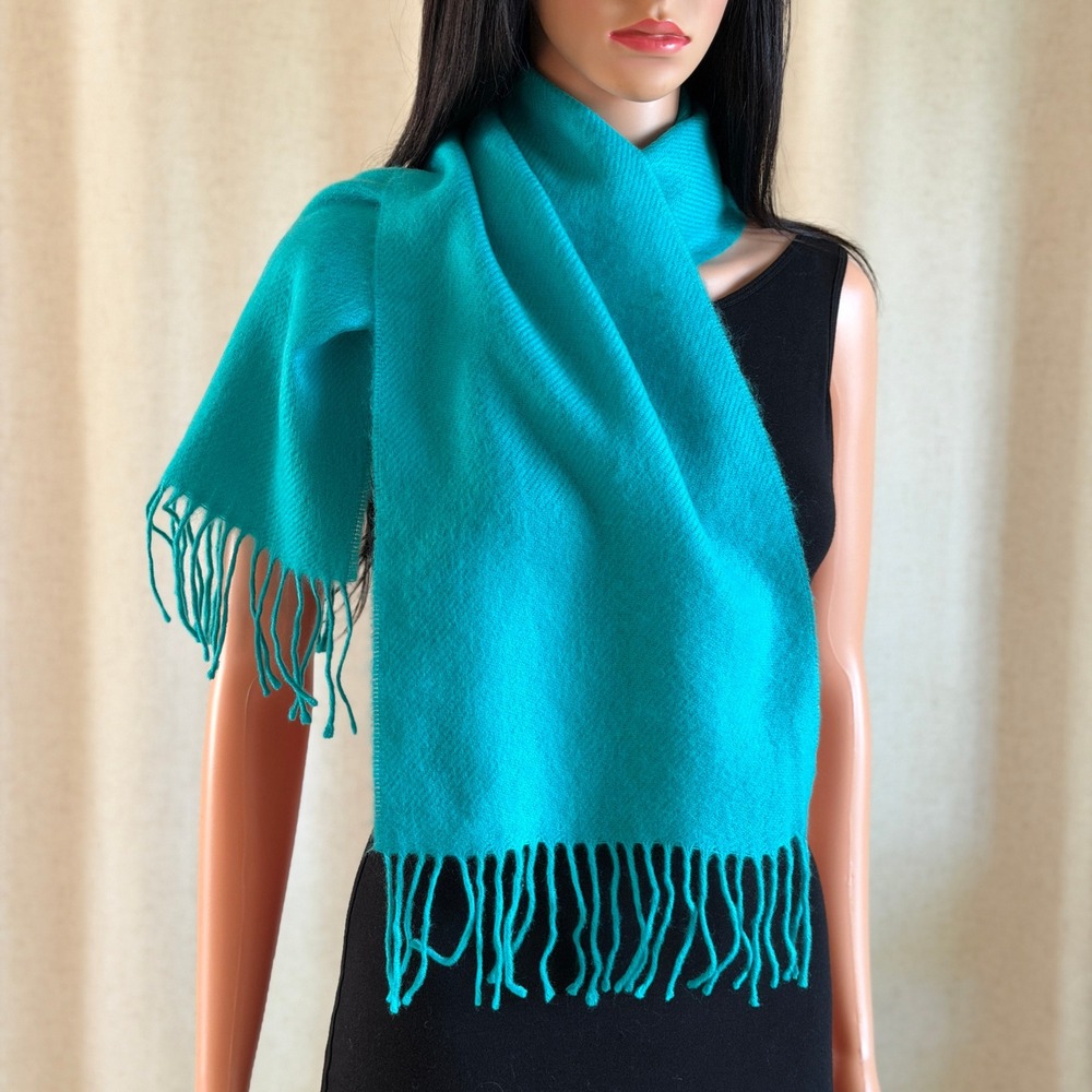 Vtg 80s Teal Blue Fringed Scarf Soft Acrylic Twill Knit Wrap West Germany Retro